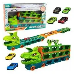 Lean Toys Dinosaurier-Truck mit Federn, Schienen für Autos, Transporter, Launcher 4in1