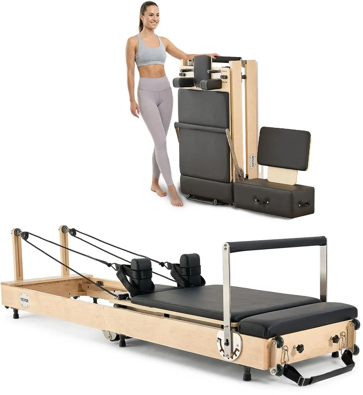 VEVOR faltbarer Pilates Reformer Trainingsgerät aus Holz für den Einsatz im Heim-Fitnessstudio, Pilates-Bett mit doppeltem Widerstand – Feder & Kordel, Ausrüstung mit Sitzbox, bis zu 181,44 kg