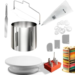 4smile Torten-Zubehör-Set 22 Teile - Tortenring verstellbar hoch 15 cm, Tortenschneider, Tortenplatte drehbar, Streichpalette, Teigkarte, Spritzbeutel mit Tüllen, Tortenschablone