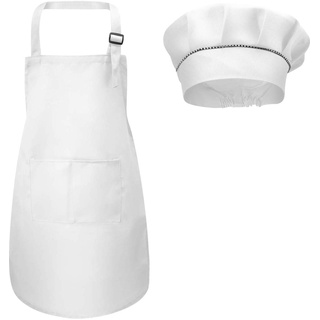 Fodlon Kinder Schürze und Kochmütze Set, Verstellbare Kinder Kochschürze Kinderschürze zum Bemalen Schürze Küchenschürze Bastelschürzen mit Taschen zum Kochen Backen Malen 4-12 Jahre alt Weiß,L