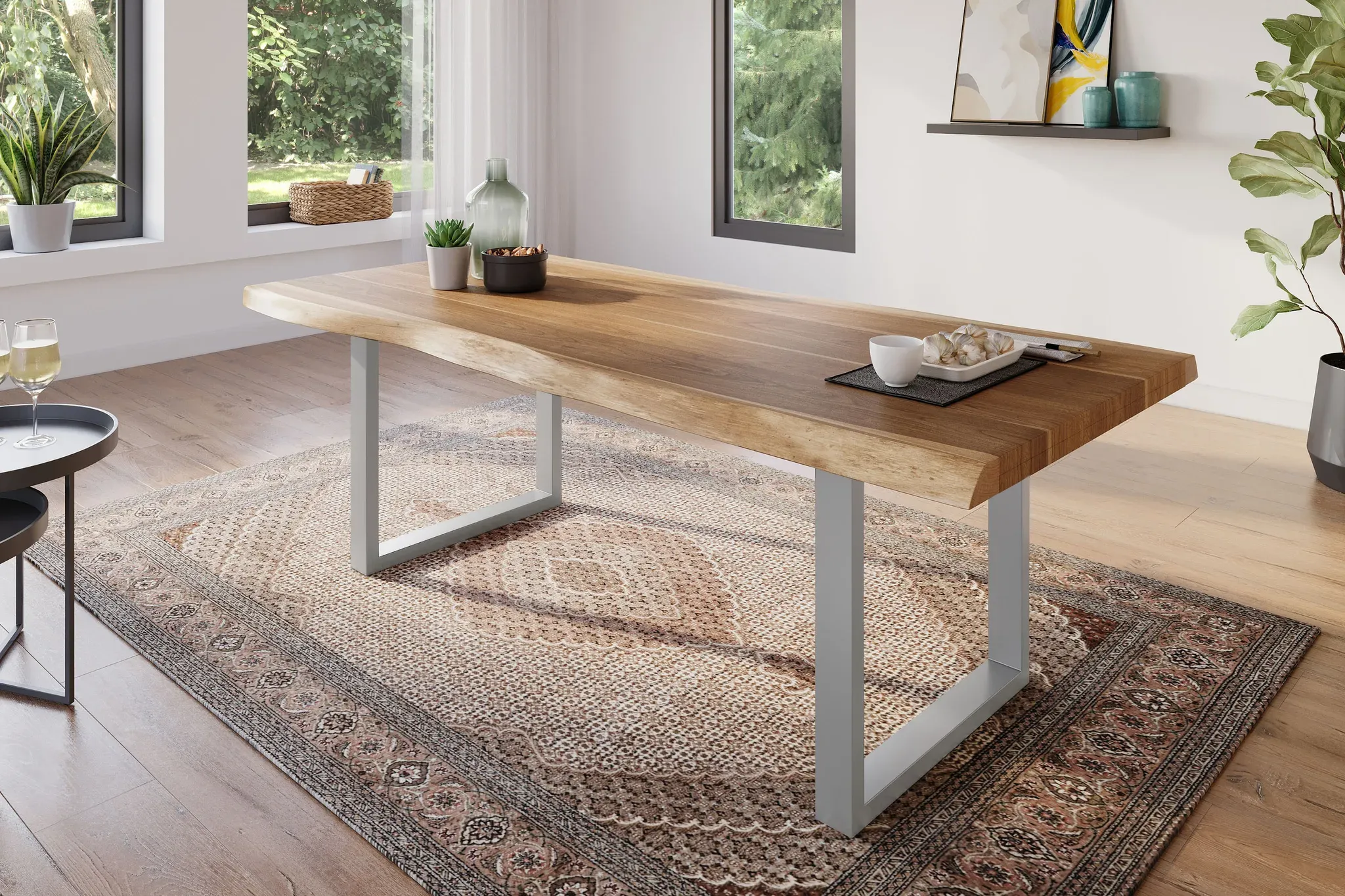 Esstisch 200 x 100 cm Akazie massiv natur Baumkantentisch U-Gestell silber ATLAS