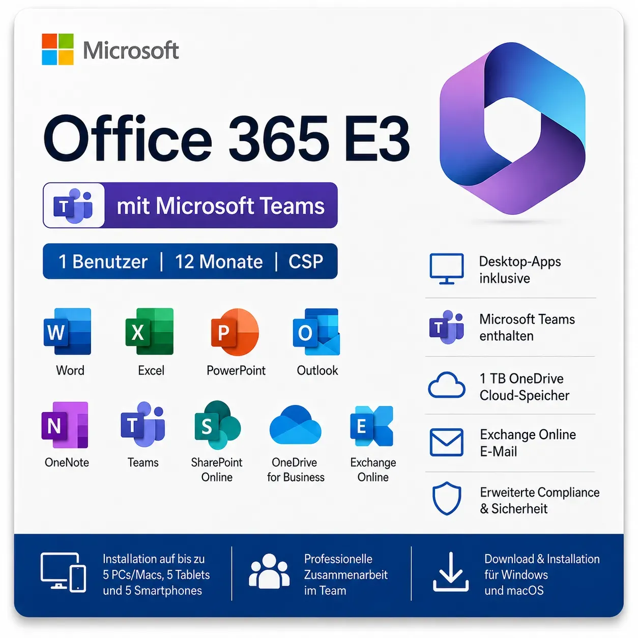 Microsoft Office 365 E3 mit Teams | 1 Jahr | 1 Nutzer | bis zu 15 Geräte | CSP