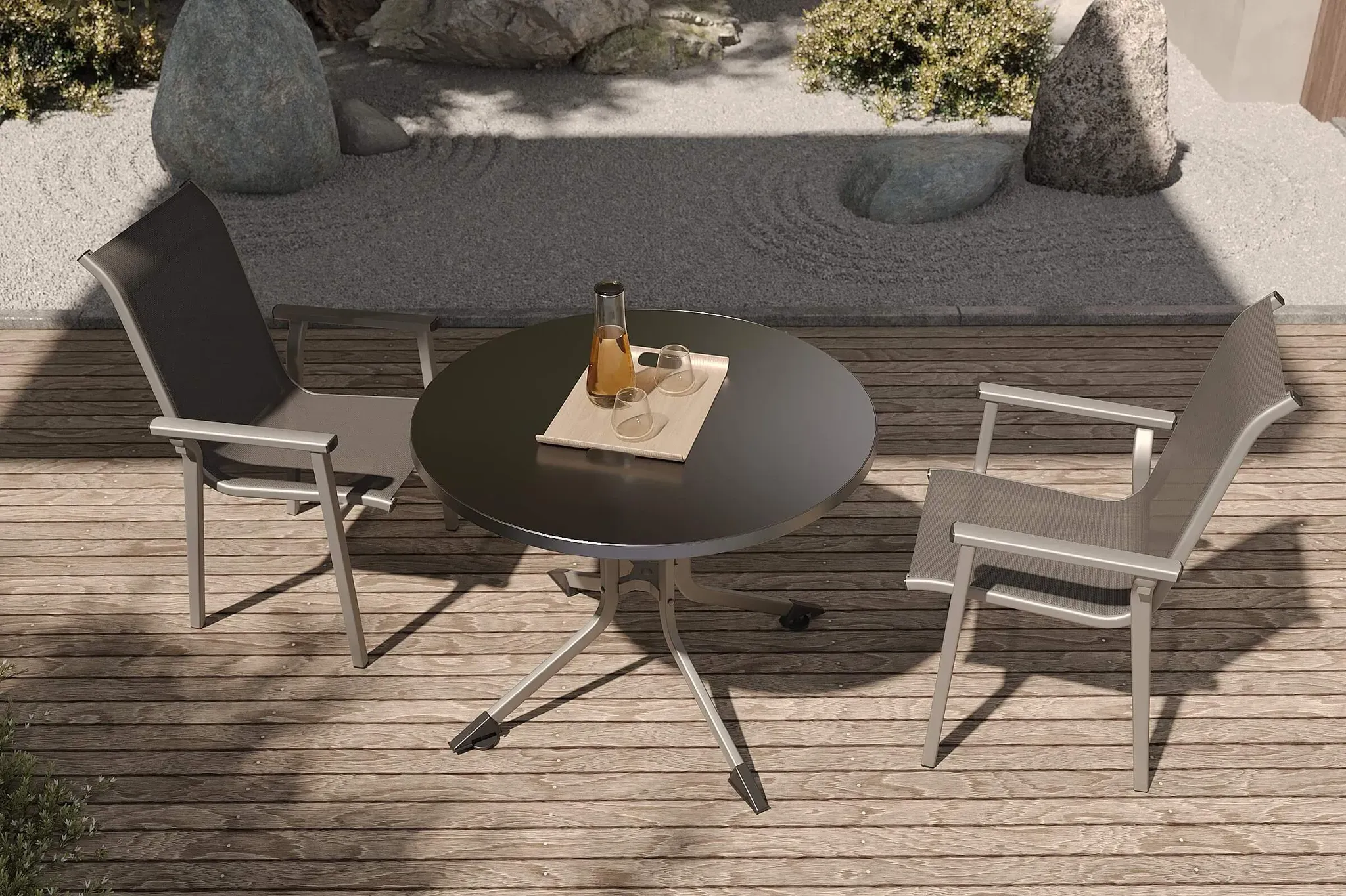 KETTLER Exklusivmodell BasicPlus 2026 Balkon-Set, silber/anthrazit, Alu/Textilene, Klapptisch rund ⌀100 cm, 2 Stapelsessel