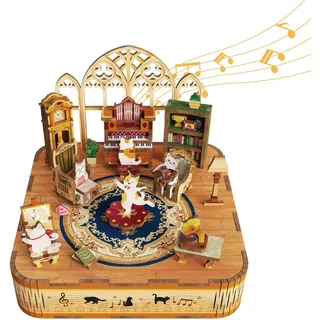 Tonecheer Spieluhr Holz 3D Puzzle, DIY Modellbausatz für Erwachsene, Drehbare Musikbox, Holzpuzzle Geschenke zur Hausdekoration Geschenk für Geburtstag Weihnachten(Katzenfamilie)