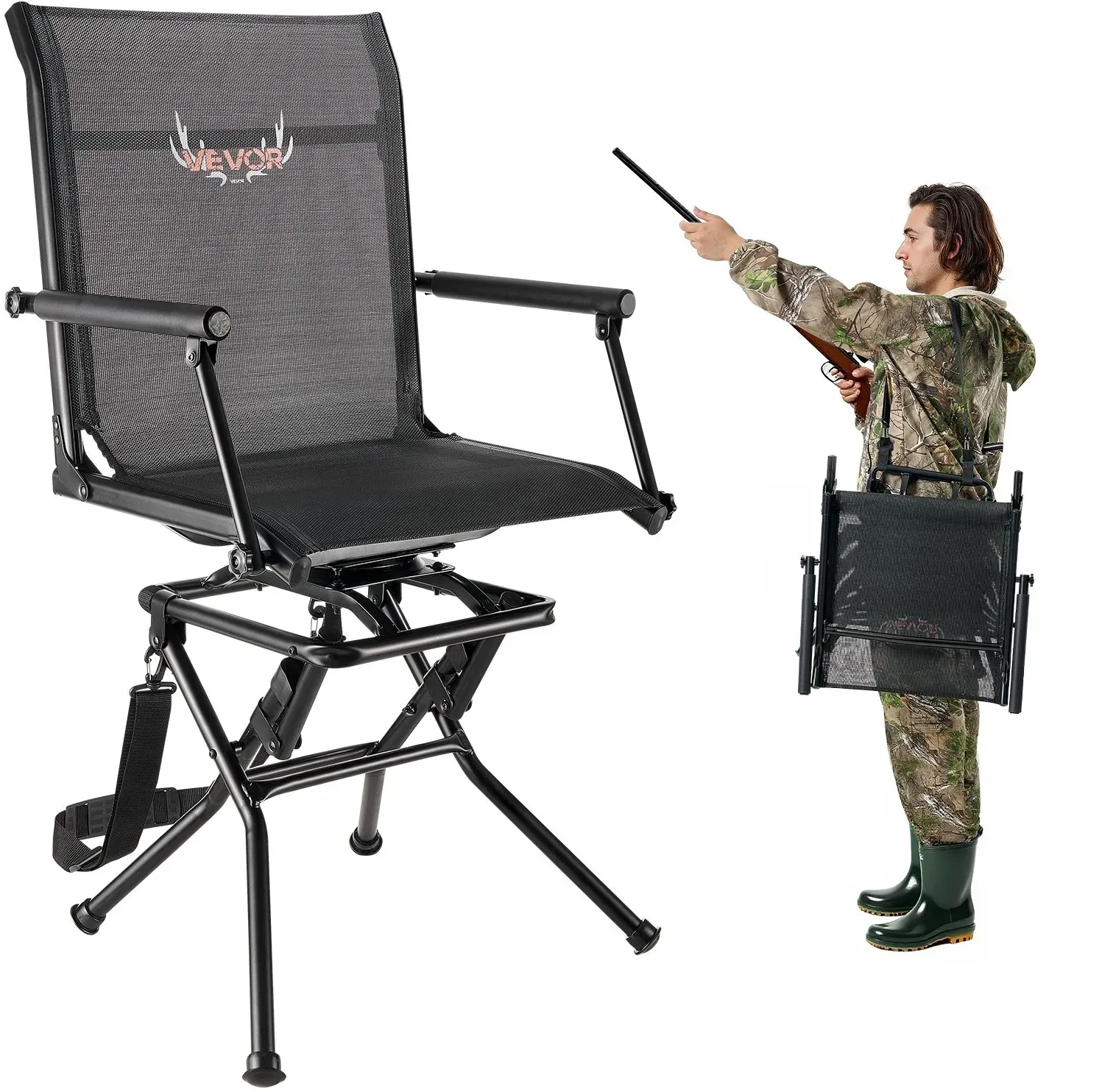 VEVOR Faltstuhl Campingstuhl Anglerstuhl mit Armlehnen & Stahlrahmen & verstellbarem Tragegurt Klappstuhl Gartenstuhl (136 kg belastbar) 360° geräuschlos drehbar, für Picknick Garten Outdoor