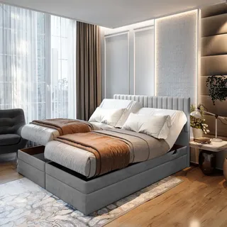 Trada Boxspringbett 200x200 Elektrisch verstellbar Taschenfederkern Doppelmatratze 9 Zonen Topper aus Velours-Stoff (Hellgrau, 200 x 200)
