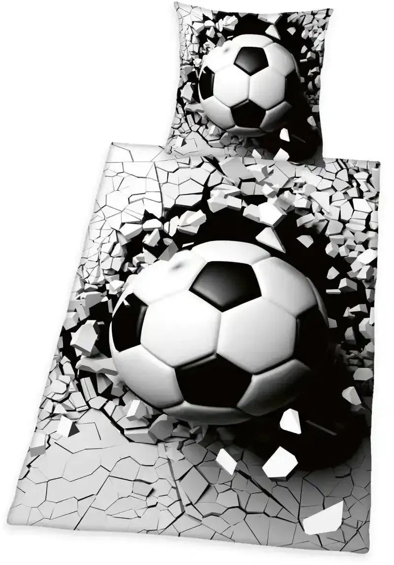Herding 3D Effekt Bettwäsche-Set, Fußball, Kopfkissenbezug 80 x 80 cm, Bettbezug 135 x 200 cm, Mit leichtläufigem Reißverschluss, 100% Baumwolle/Renforcé
