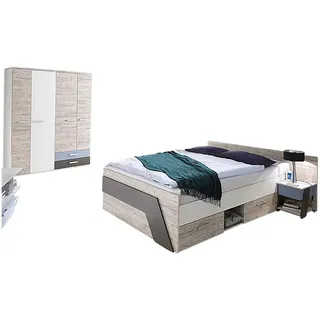 Lomadox Jugendzimmer Set mit Kojenbett 140x200 cm in Sandeiche Nb. mit weiß, Lava 3-teilig LEEDS-10 und Denim Blau
