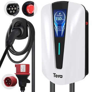 Tera EV Ladegerät typ 2 11kw Heim-Ladestation Wallbox Ladekabel Elektroauto mit Kabelhalterung Ladekabel 3-Phasig CEE Stecker 16A 400V Kabel für Elektrofahrzeuge und PHEVs, Q8 Weiß