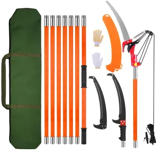 Astsäge mit Teleskopstiel 8 m: Hochentaster Manuell Höhenverstellbar 2-8 m | 7 Teleskopstiel | 2 Sägeblätter | Tragetasche, Astsäge Teleskop zum Beschneiden von Palmen Sträuchern (Orange)