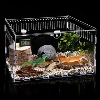 Acryl Terrarium Schnecken mit Temperatur Hygrometer, Transparent Reptile Fütterungsbox, 30 x 20 x 15cm, Mini Terrarium Reptil Fütterungsbox für Schnecken, Spinnen, Einsiedlerkrebs