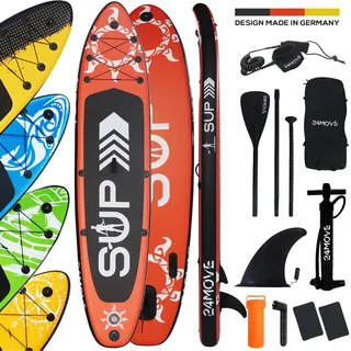 24move 24MOVE® Standup Paddle Board SUP, inkl. umfangreichem Zubehör, Paddel und Hochdruckpumpe, ROT, 366x80x15cm