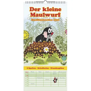 Neumann N NEUMANNVERLAGE - Der kleine Maulwurf 2026 Familienplaner, 22x45cm, Familienkalender mit 5 Spalten für Termine und Notizen, schöne Abbildungen, Stundenpläne, Schulferien und deutsches Kalendarium