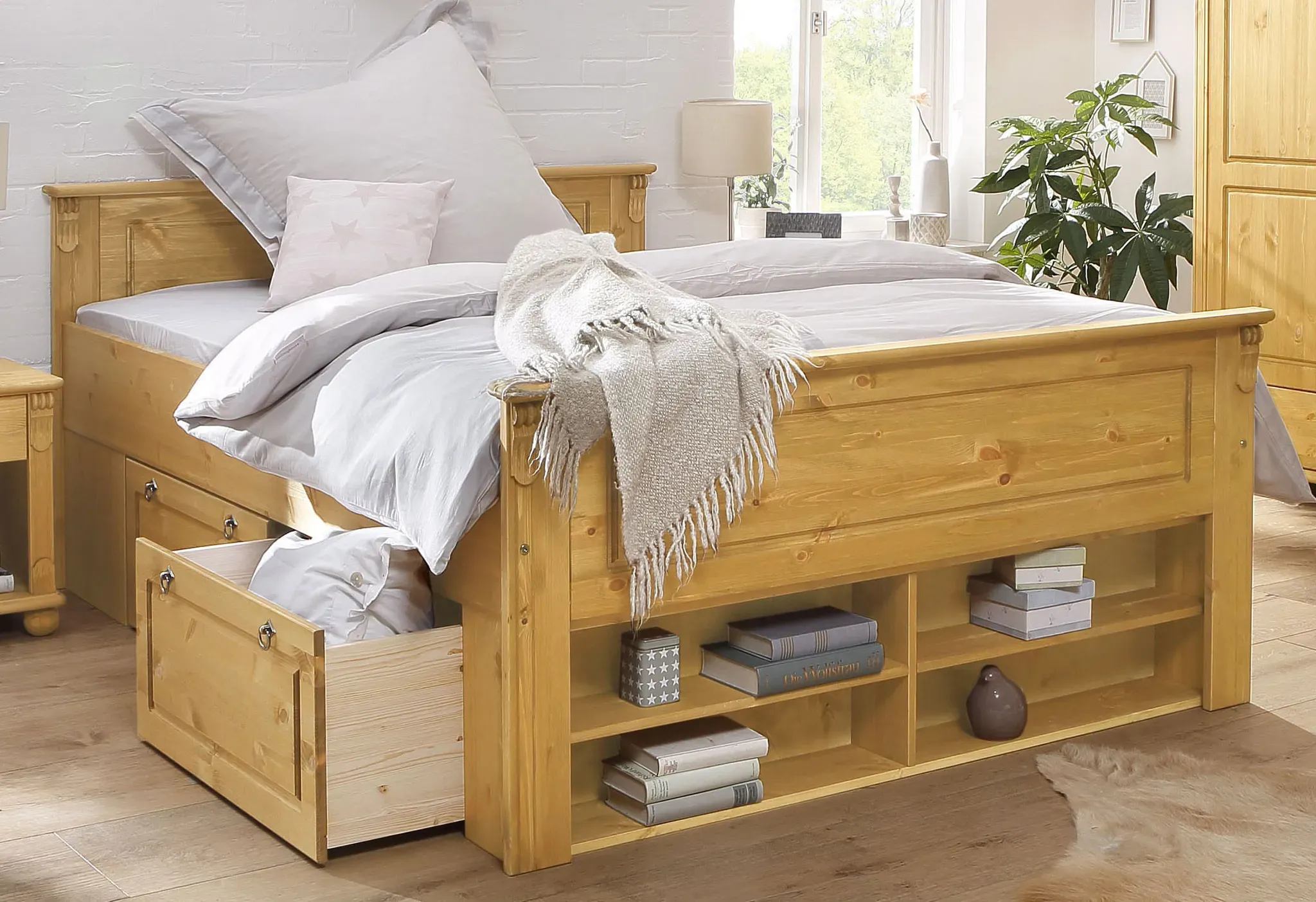 Massivholzbett OTTO HOME "Tessin, Stauraumbett, Landhausstil, Schubladen optional, rustikal", beige (natur), B:152cm H:85cm L:207cm, Betten, Massivholzbett, zertifizierte Kiefer, Kassetten-Optik, stabile Qualität