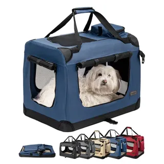 LIONTO Hundetransportbox faltbar, stabile Stoffbox mit Mesh-Einsätzen, ideal für Auto, Reise & Tierarzt, 60x42x44 cm, dunkelblau