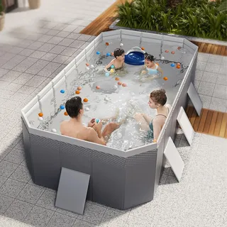 ZCSOUDP Faltbarer Pool, Hartplastikschale, rechteckiger Familienpool im Freien, tragbarer, Nicht aufblasbarer Pool mit Ablassschraube und Abflussloch für Familienpool, Sommerwasserparty(1.6m)