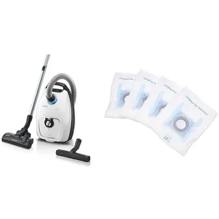 Siemens Staubsauger mit Beutel Z 7.0 VSZ7442S, ideal für Allergiker, Hygiene-Filter Plus, 650 W, weiß & 4X Staubsaugerbeutel PowerProtect Typ G All, VZ41FGALL, 99,9% Feinstaubfilterung