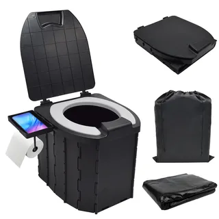 JNUYISW Campingtoilette Faltbar, Tragbare Mobile Toilette WC mit Deckel Multifunktional Trockentoilette mit Telefonhalterung, Papierrollenhalterung für Camping, Reise, Angeln, Stau, Zelten