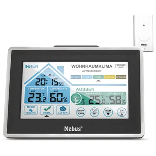 MEBUS funkgesteuerte Wetterstation mit Außensensor, Touch Display, Thermometer/Hygrometer, Wohlfühlindikator bewertet Raumklima per Temperatur/Luftfeuchtigkeit, Wecker, Silber-Schwarz, Modell: 01026