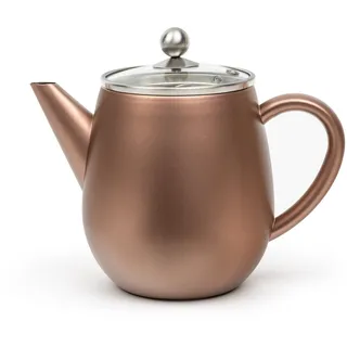 Bredemeijer doppelwandige Edelstahl Teekanne 1.1 Liter - rostbraune Edelstahlkanne mit Glasdeckel & Tee-Filter - für länger, warmen Teegenuss