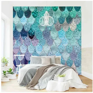 Bilderdepot24 Mustertapete Muster Meerjungfrauen Blaugrün Schuppen Türkis Modern Wanddeko, Glatt, Matt, (Vliestapete inkl. Kleister oder selbstklebend), Wohnzimmer Schlafzimmer Küche Flur gemusterte Vliestapete Wandtapete blau 0.96 m x 0.96 m