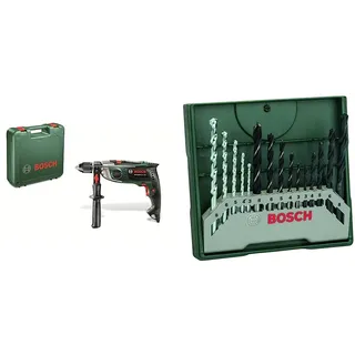 Bosch Schlagbohrmaschine AdvancedImpact 900 (Zusatzhandgriff, Tiefenanschlag, Koffer, 900 Watt) & 15tlg. Mini-X-Line Spiralbohrer Mixed-Set (Holz, Stein und Metall, Zubehör Bohrmaschine)