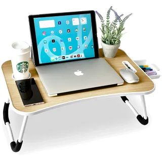 unycos - Betttablett Klappbar, Frühstückstablett mit Griff und Getränkehalter, Serviertisch, Ideal für Lesen und Arbeiten, Auch als Lapdesk Verwendbar 60x40x26 cm (Nussbaum mit Schublade)