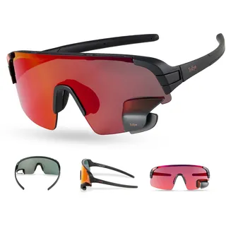TriEye Fahrradbrille Mit Rückspiegel Links – Selbsttönende Sportbrille Für Herren & Damen – Winddicht & UV400 Schutz – Rennradbrille Für Straße & Pendler – Fahrrad Zubehör – Revo Rot M