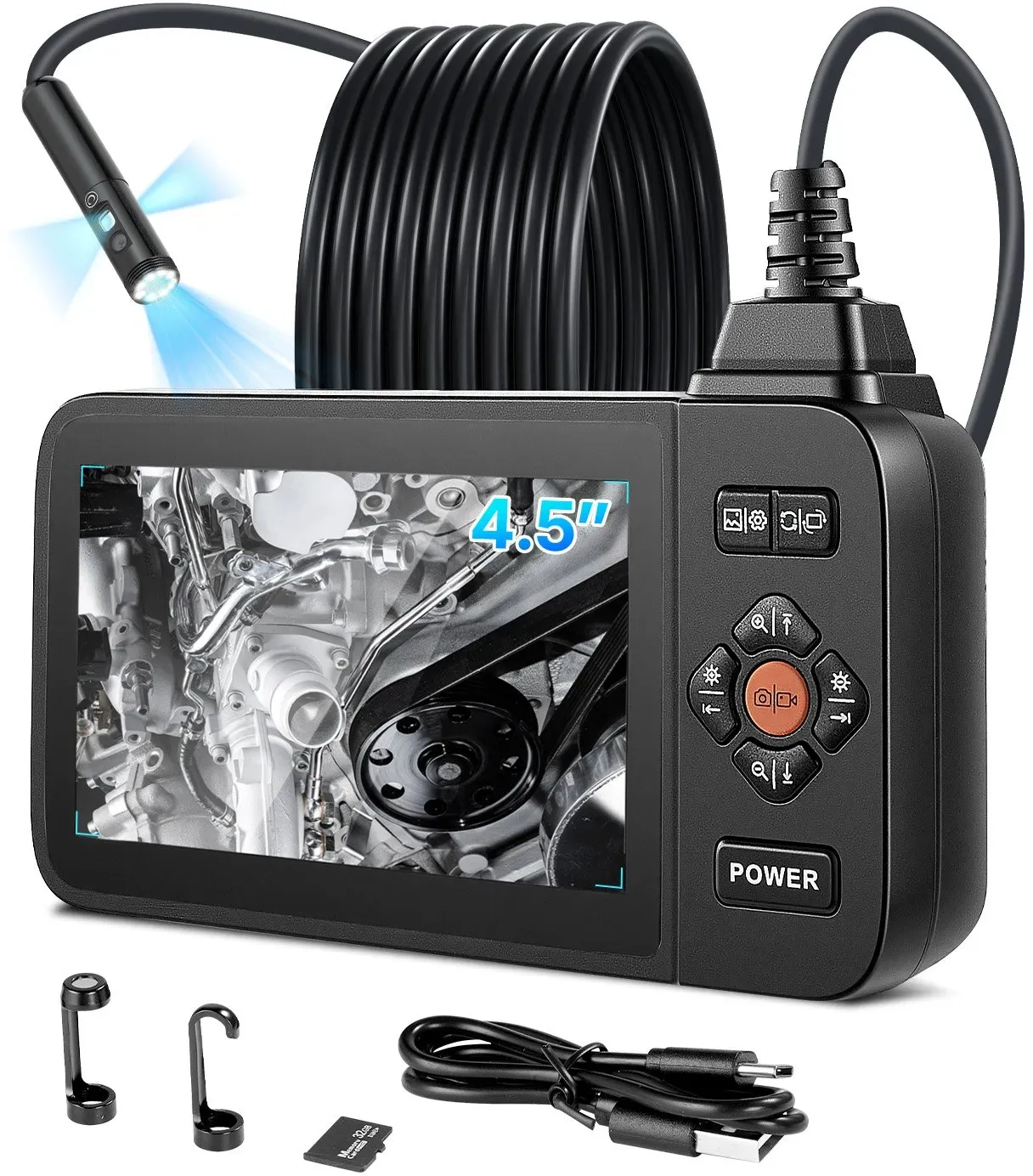 VEVOR Triple Lens Endoskopkamera mit 4,5 Zoll Bildschirm, 3000mAh Akku Inspektionskamera mit 5m Kabel 8X Zoom 180° Bildrotation IP67 Wasserdicht, 8mm Industrie Endoskop mit LED für Auto Rohre Abfluss