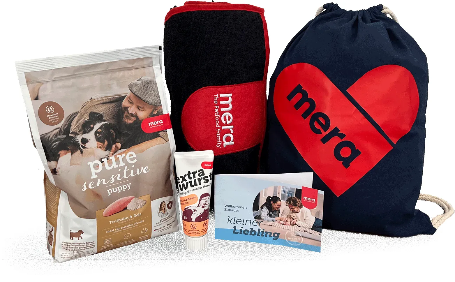 mera Welpen Starterpaket zum Testen | Welpenfutter, Extrawurst, Handtuch und Gutschein Starterpaket