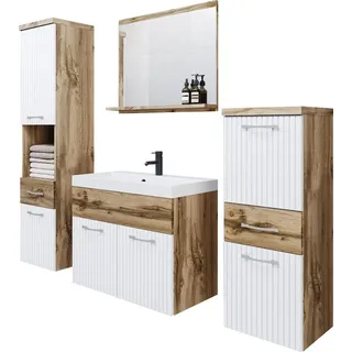 WELLTIME Badmöbel-Set »ELDA«, (Komplett-Set, 5 St.), Waschtisch inkl. Waschbecken, Hochschrank, Badschrank und Spiegel, weiß