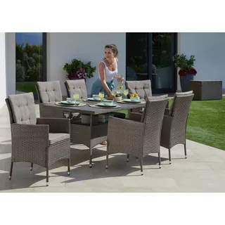 Konifera Garten-Essgruppe »Mailand«, (19 tlg.), 6 Sessel, Tisch 150x80 cm, Polyrattan, mit GRATIS-Zugabe: 1 Schutzhülle, grau/braun, , 94664341-0