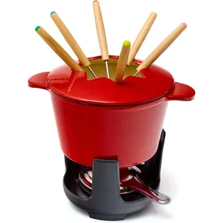 Bonvivre Gusseisen Fondue Set für 6 Personen | 1 Liter | Fondueset 9-teilig mit Brenner und Gabeln | Emailliert Rot