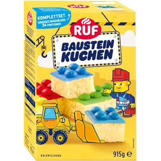 RUF Baustein Kuchen Komplettset Backmischung für einen großen Blechkuchen mit bunter Glasur und Schokolinsen, lustiger Backspaß mit Kindern, ideal für Geburstage und Motto-Parties