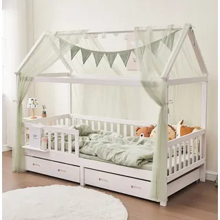 ALAVYA HOME ALAVYA HOME® 4-TLG Hausbett Deko Set mit 2 Stück Betthimmel I 1 Stück Wimpelkette 300cm cm lang für Kinderbett Kinderzimmer I Wimpelkette 100% Bio-Baumwolle I 150 x 350 cm I mit Lichterkette I Khaki