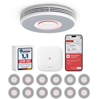 X-Sense Smarter Rauchmelder WLAN mit Sprachausgabe und 17 Standorten, Feuermelder, Rauchmelder vernetzt, 33 mm, Brandmelder mit SBS50 Basisstation, XS0BMR121, 12 Stück