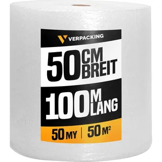 verpacking 1 Rolle Luftpolsterfolie 100 m lang - Stärke 50 my, Noppenfolie Knallfolie Blisterfolie 50cm Breit Polstermaterial Füllmaterial für Kartons