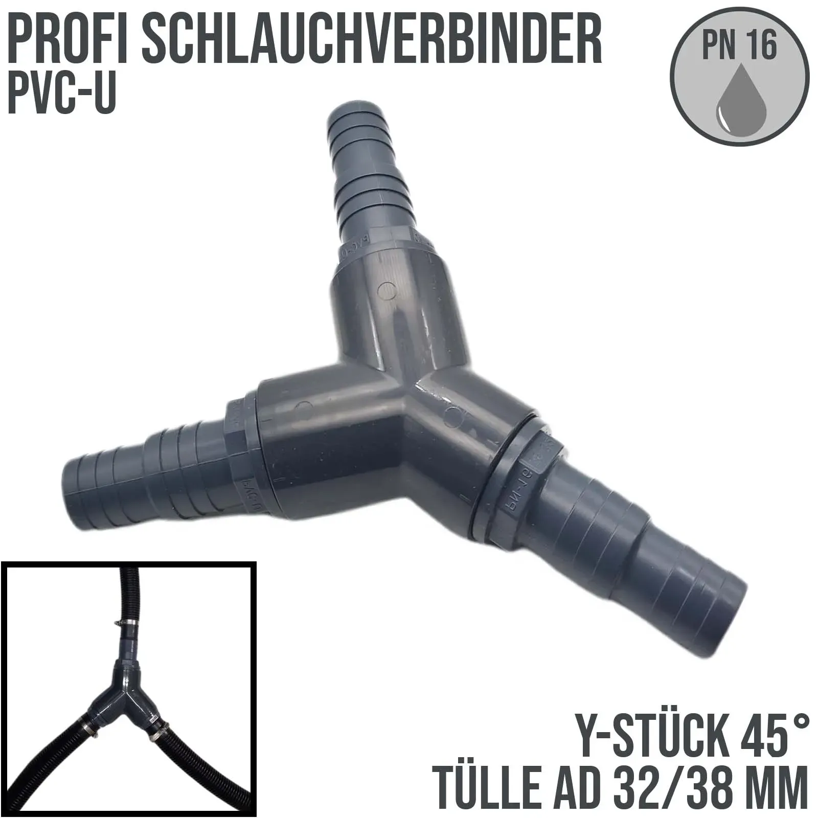 32 / 38 mm PVC PROFI Y-Stück 45° Schlauch Verbinder Stutzen Tülle Pool Teich Gar...