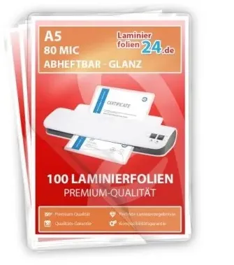 abheftbare Laminierfolien A5, 2 x 80 Mic, glänzend