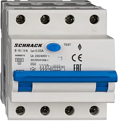 Schrack LS-FI-Schalter AMPARO, 6kA, Kennlinie B, 16A, 30mA, 3+N, Typ A (AK668816--)