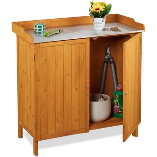 Relaxdays Pflanztisch mit Unterschrank, Holz, Zinn Arbeitsplatte, HxBxT: 94 x 94 x 47 cm, Outdoor Gartenschrank, orange