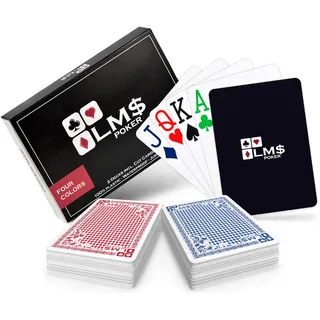 LM$ Pokerkarten Plastik Profi 4 Farben mit Cut Card - [2 x] hochwertige Pokerkarten 54 Blatt - wasserfeste und stabile Spielkarten im Doppelpack – Plastikkarten mit Jumbo Index