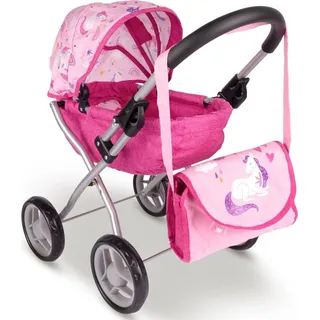 Malplay Puppenwagen mit Tasche verstellbares Verdeck große Räder Rosa Einhorn Motiv ab 3 Jahren Geschenk - Rosa