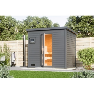 Karibu Gartensauna Saunahaus Hytti 3 terragrau Energiesparende Saunatür 9 kW Bio-Kombiofen inkl. Steuergerät inkl. 8-teiligem gratis Zubehörpaket (Gesamtwert 191,92€)