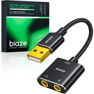 biaze Externe USB Soundkarte Klinke Adapter Audio Stereo Adapter External Sound Card für Computer, PS5, PS4, USB Kopfhörer und Mikrofon Audio Stereo External Sound Card (Schwarz)