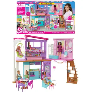 Barbie-Ferienhaus (116 x 77,9 cm), 6 Spielbereiche, komplett eingerichtet Zubehör, Möbeln und Aufzug, klapp- und verstaubar, Puppe, Geschenk für Kinder ab 3 Jahren, HCD50