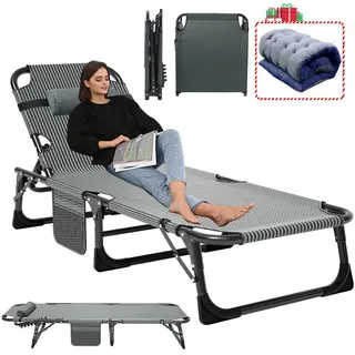 Meulbaty Klappbett Gästebett, Sonnenliege, Campingbett, 220KG lastlager Gartenliege (1-St) mit 2,3-3cm Matratze Seitentasche und Kopfstütze grau