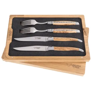 laguiole en aubrac l Laguiole en Aubrac 2er-Besteck Set Olivenholz mit matten Klingen, Original aus Frankreich, in schöner Aufbewahrungsbox aus Holz