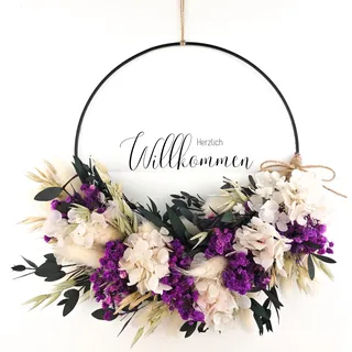 WIDEGO herzlich Willkommen Schild Trockenblumen Kranz | 20cm, 25cm & 30cm | Türkranz ganzjährig | Willkommen Kranz | Türschild | Haustürdeko (30cm)