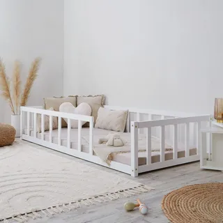 Homestyle4u Kinderbett Weiß mit Rausfallschutz 90x200 Bodenbett Montessori Bett Lattenrost Kleinkindbett - Weiß